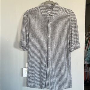 Brunello Cucinelli Grey and White Striped Linen Knit Shirt